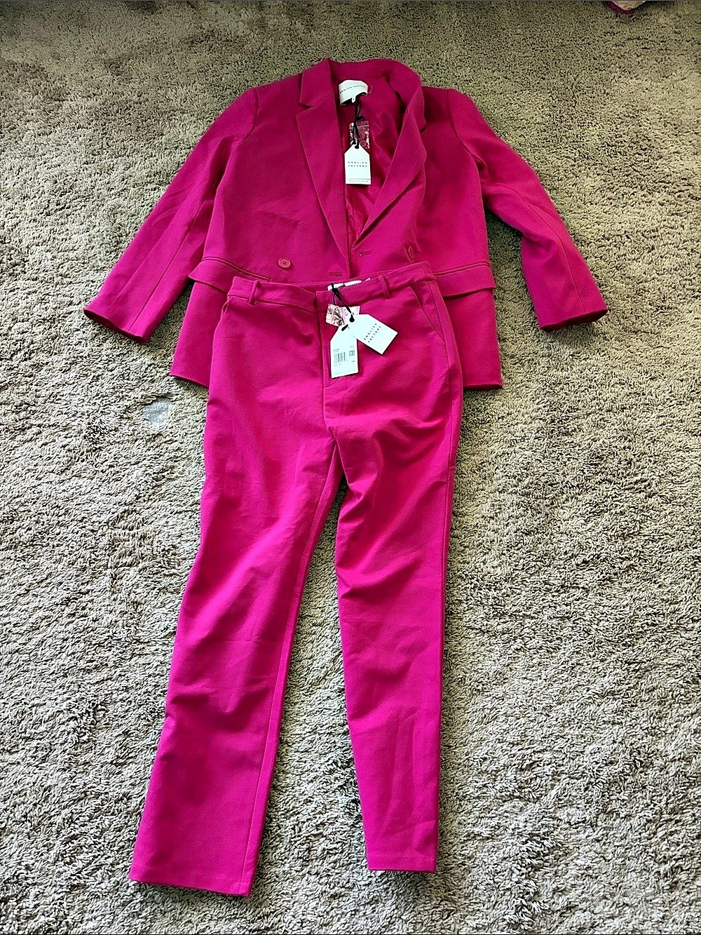 English Factory Double-Breasted Knit Blazer & High-Waist Knit Pants Set Women's